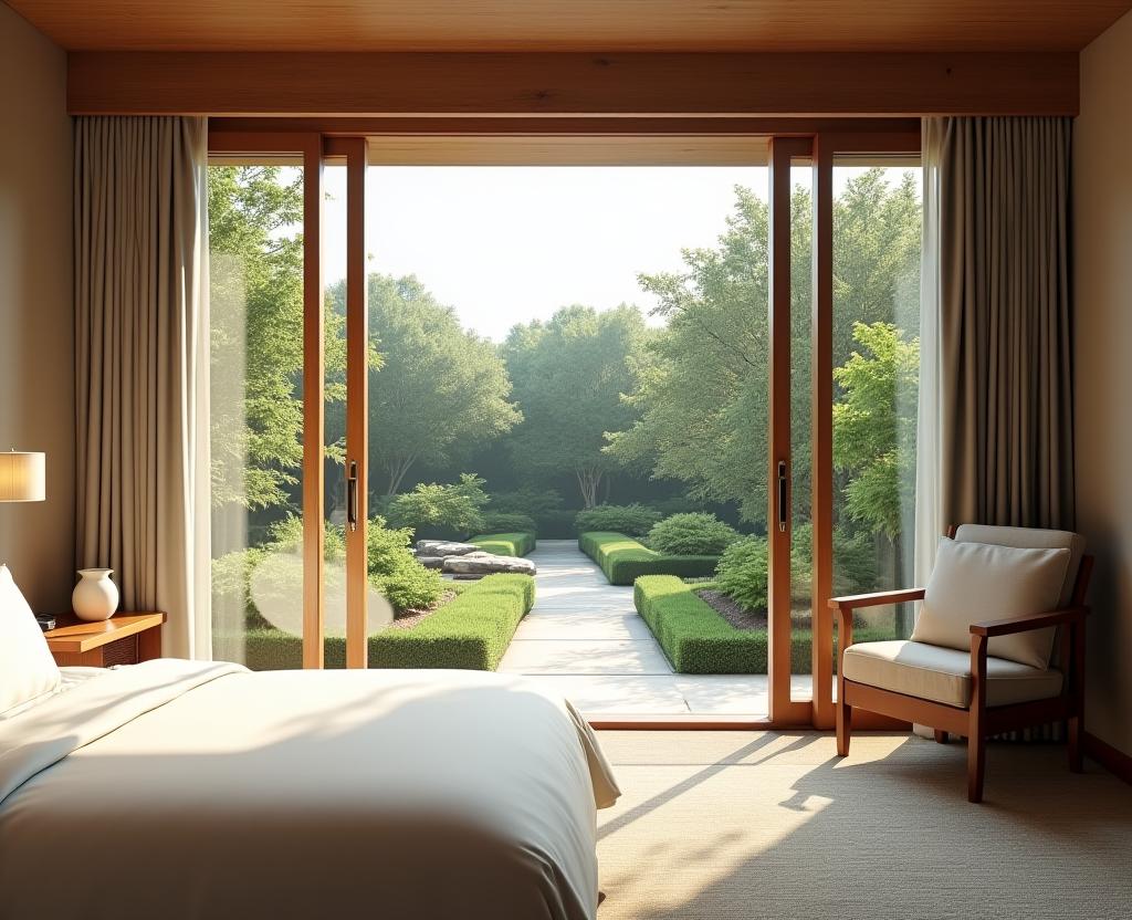Deluxe room with large windows overlooking the Japanese garden.
